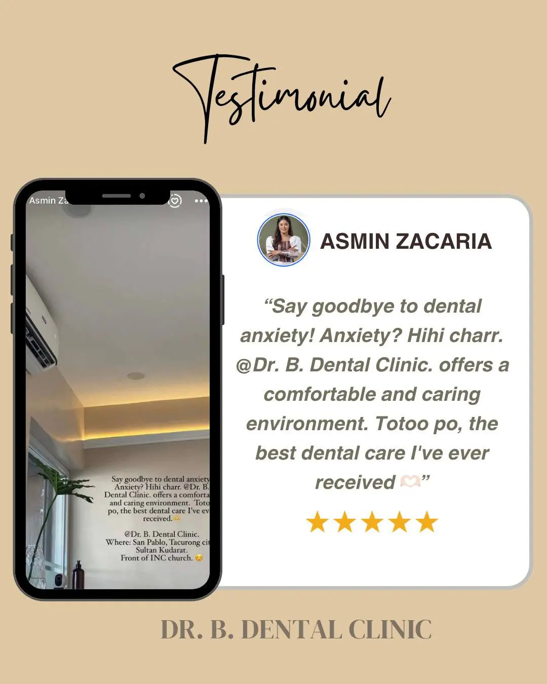 Five-star testimonial graphic from patient Asmin Zacaria